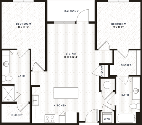 Floor plan for 2 beds, 2 baths, 1069 sqft